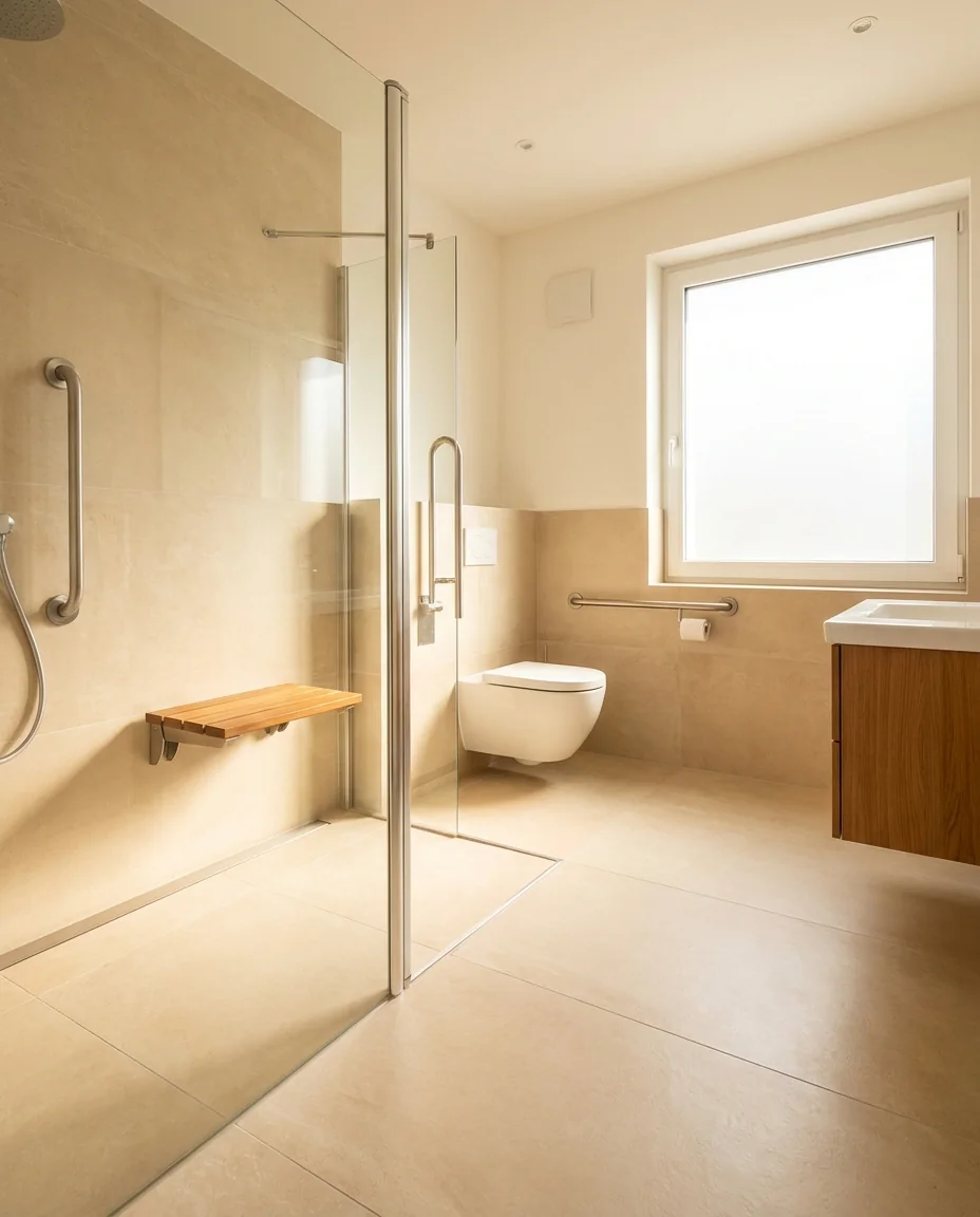 Barrierefreies Bad mit bodengleicher Dusche und Haltegriffen