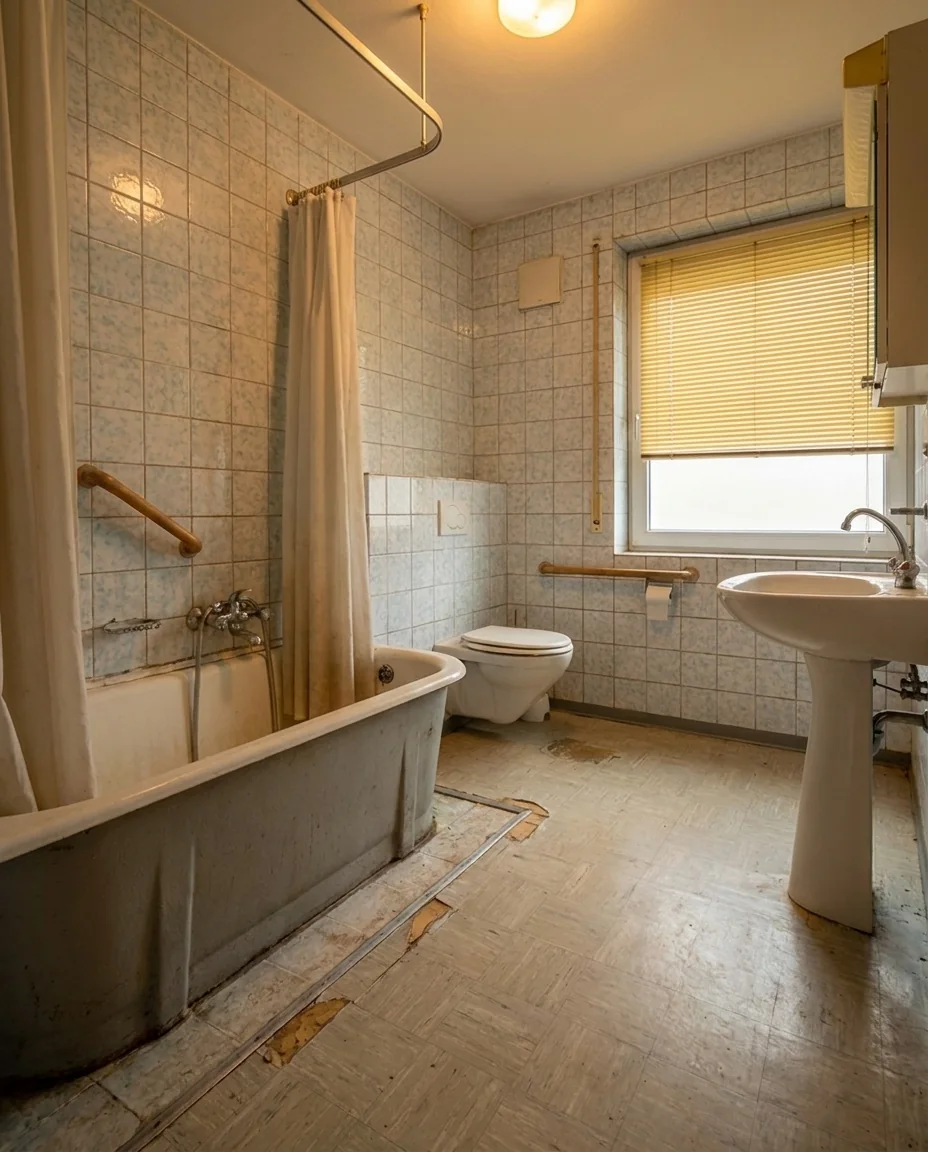 Bad vorher: enge, alte Wanne, schwer zugänglich