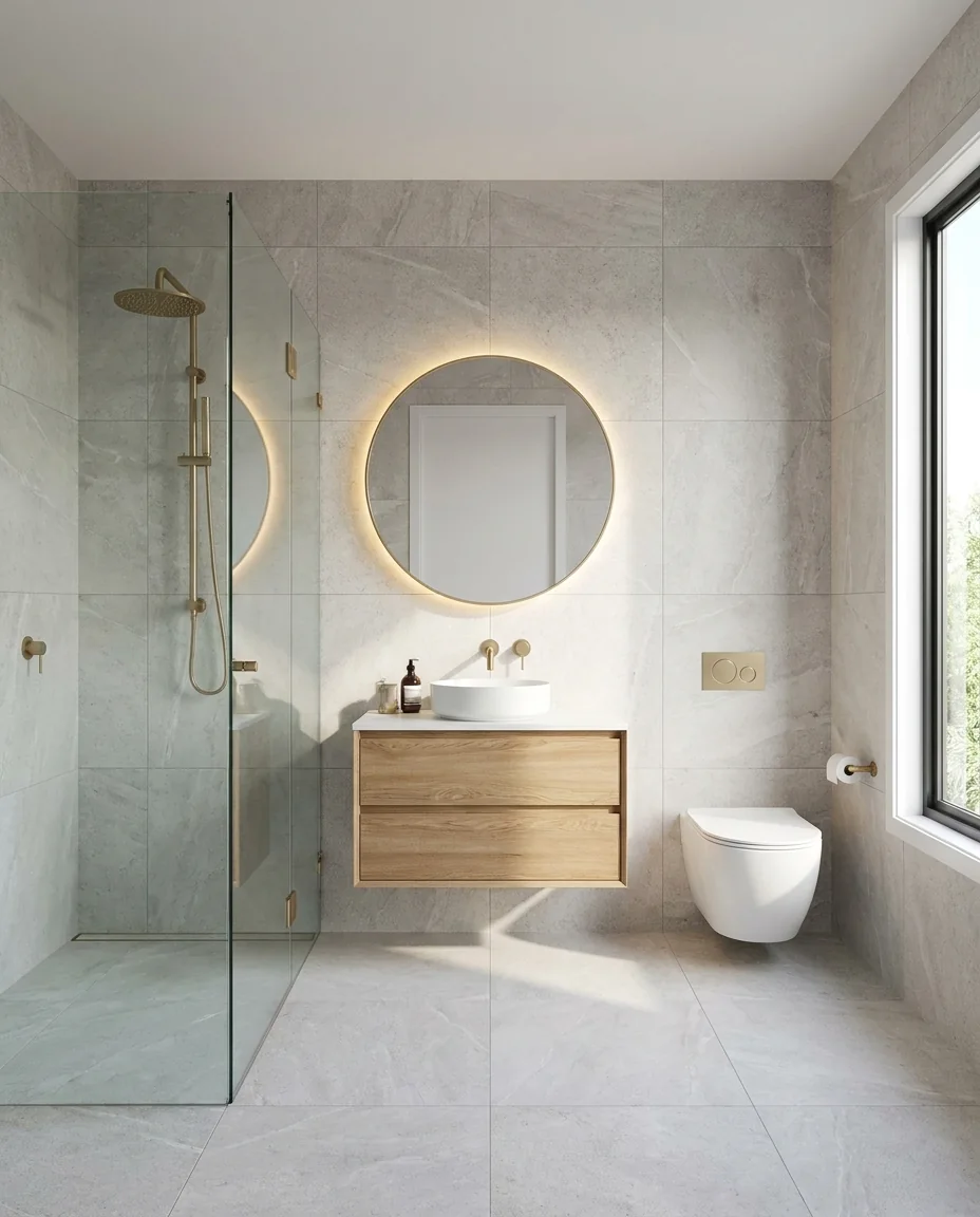 Modern saniertes Familienbad mit Walk-in-Dusche und Holz-Waschtisch