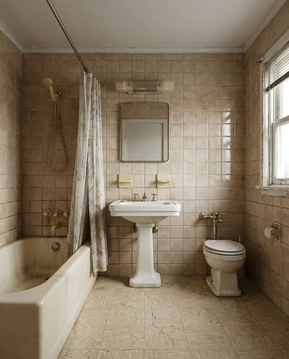 Dasselbe Bad vorher: altes, vergilbtes Bad mit Wanne und Standwaschbecken