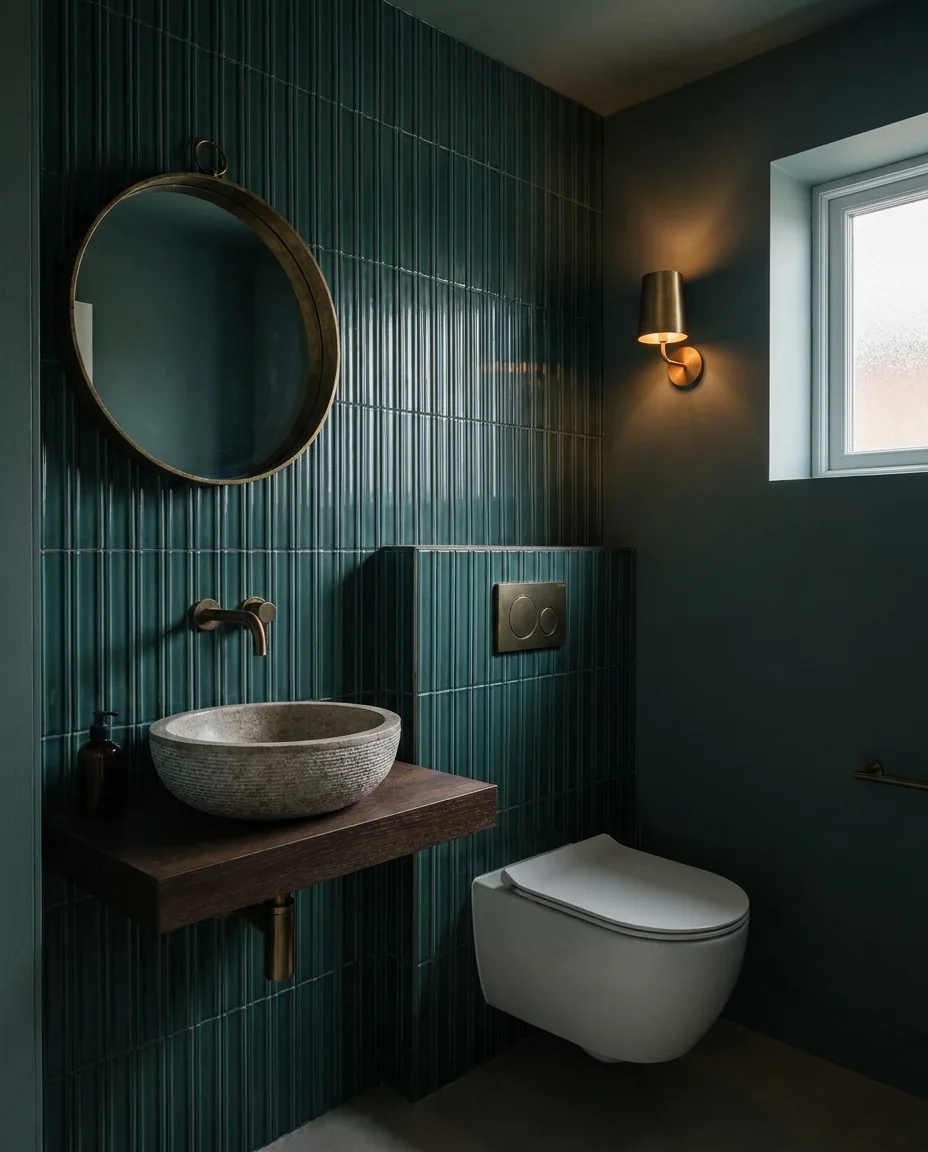 Gäste-WC nach der Sanierung mit grüner Fliesenwand und Wand-WC