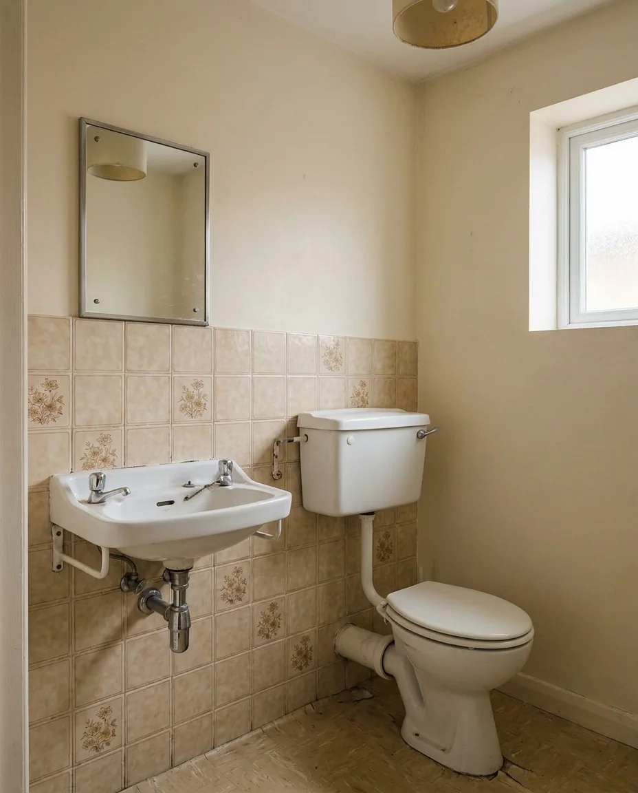 Gäste-WC vorher: alte beige Fliesen, Stand-WC