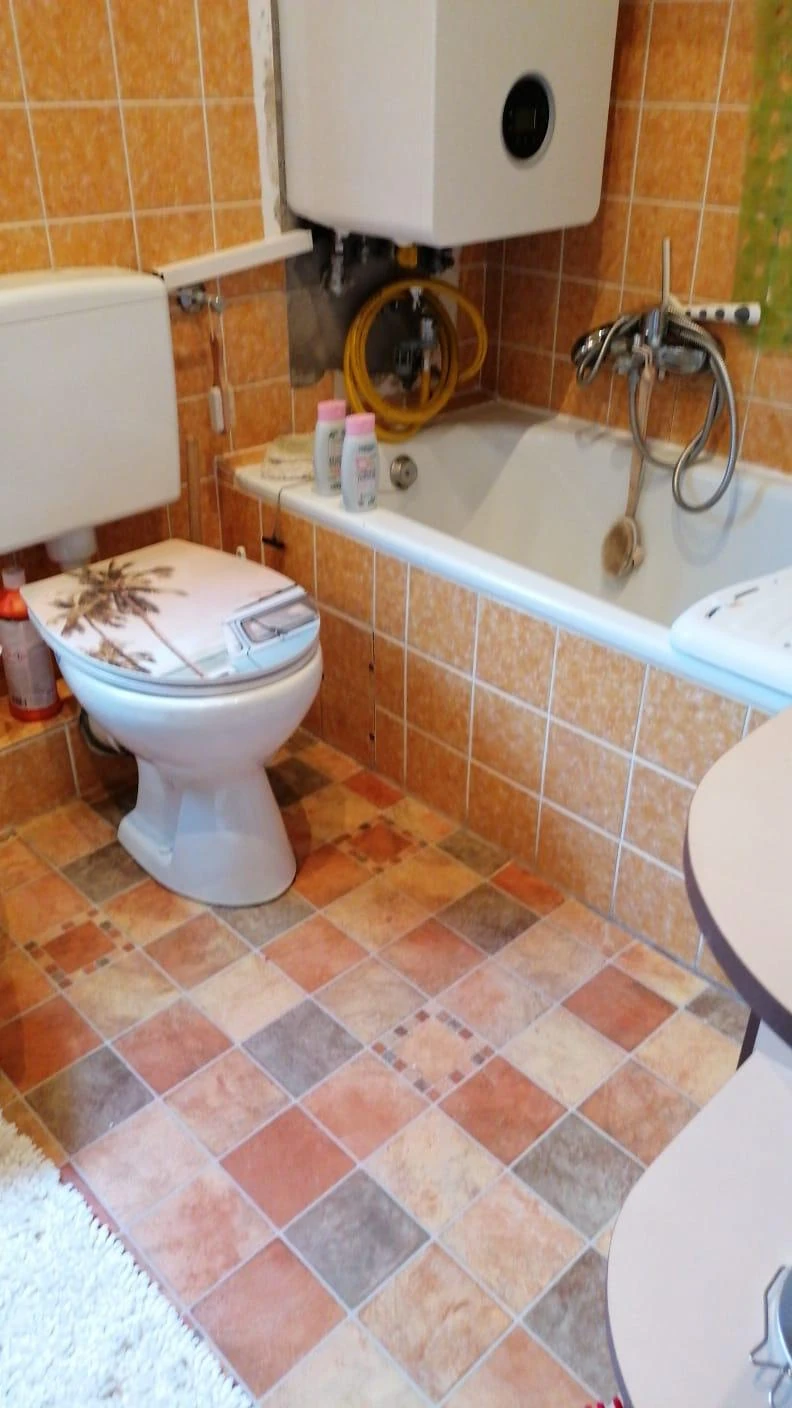 Stand-WC mit Spülkasten, alte Wanne und offen liegende Leitungen unter der Therme