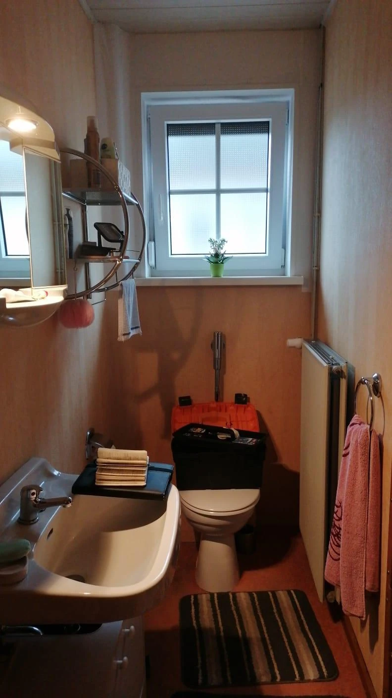 Enges Gäste-WC mit altem Waschbecken und orangefarbener Wand
